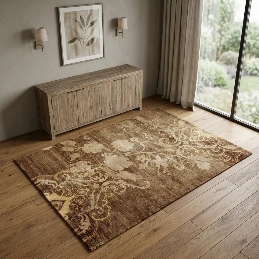 Brown Tan And Ivory Floral Hand Knotted Area Rug Photo 1