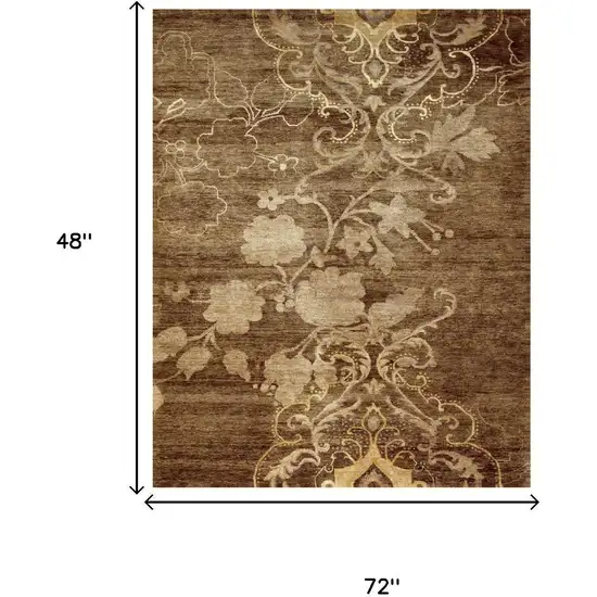 Brown Tan And Ivory Floral Hand Knotted Area Rug Photo 5