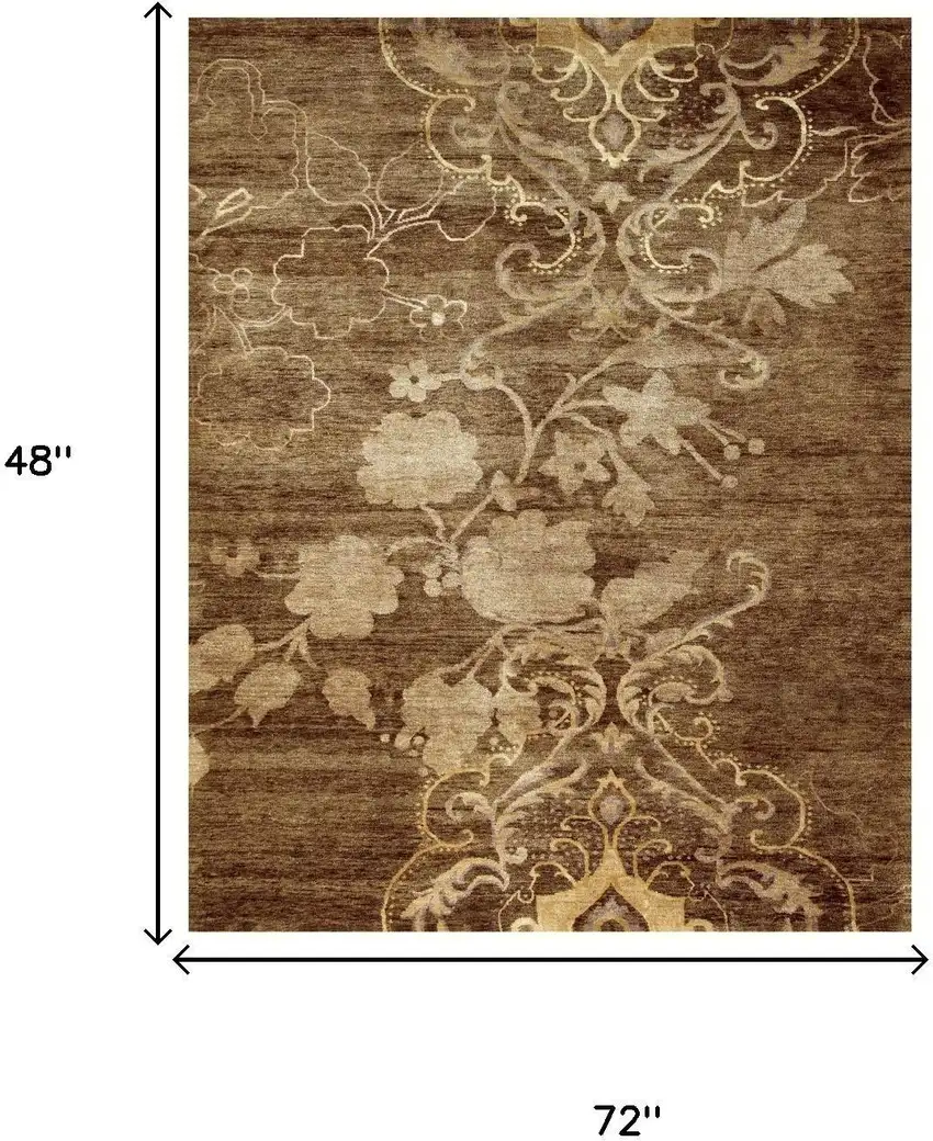 Brown Tan And Ivory Floral Hand Knotted Area Rug Photo 5
