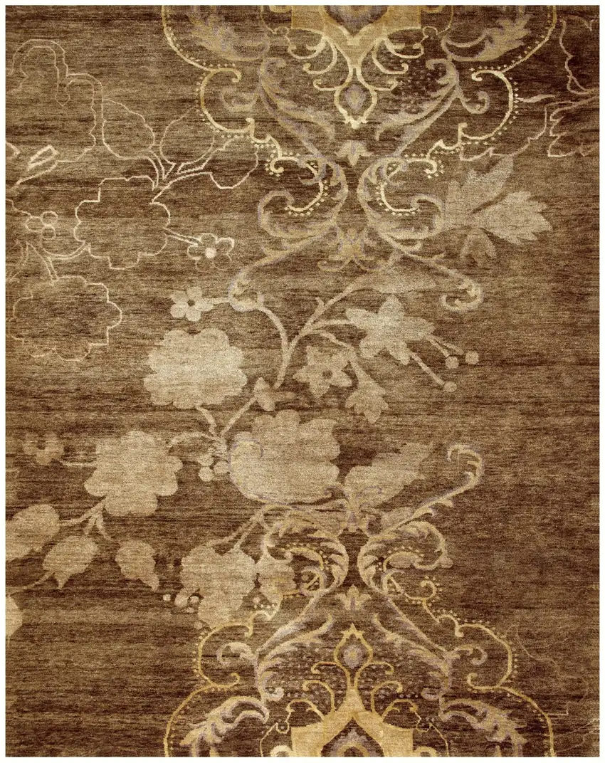 Brown Tan And Ivory Floral Hand Knotted Area Rug Photo 2