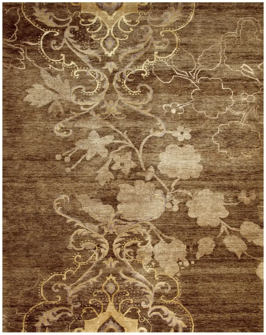 Brown Tan And Ivory Floral Hand Knotted Area Rug Photo 4