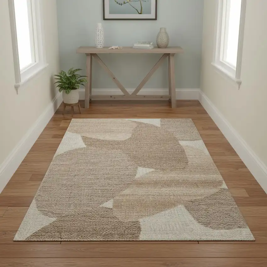 Brown Tan And Ivory Wool Abstract Hand Tufted Area Rug Photo 2