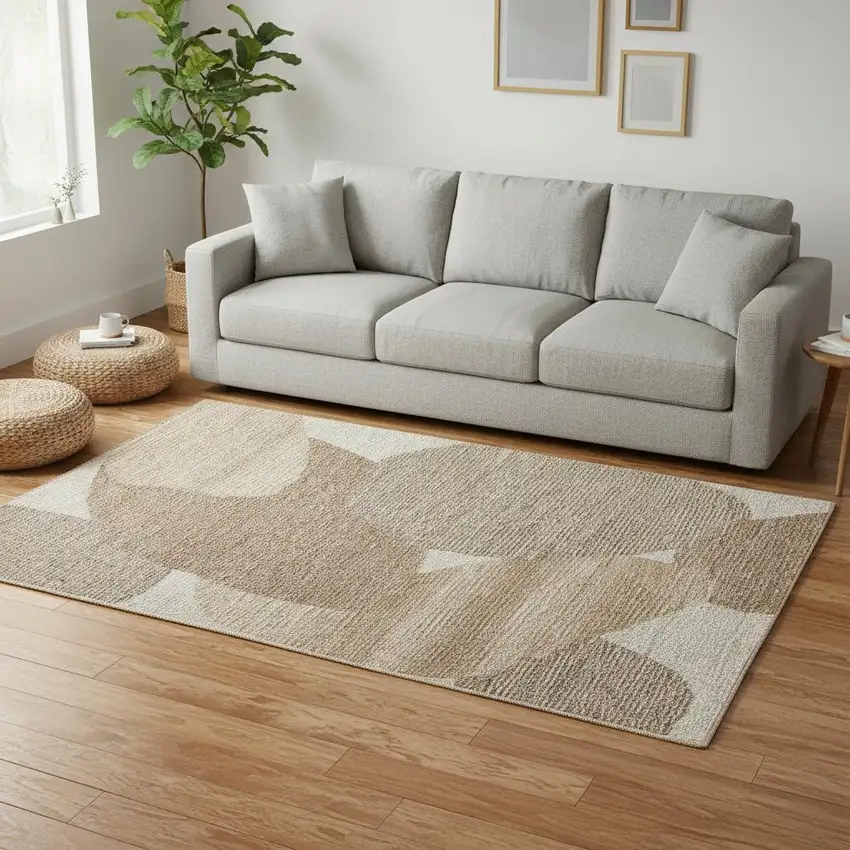 Brown Tan And Ivory Wool Abstract Hand Tufted Area Rug Photo 1