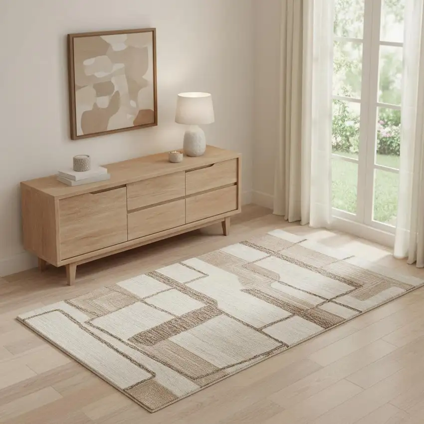 Brown Tan And Ivory Wool Geometric Hand Tufted Area Rug Photo 1