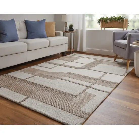 Brown Tan And Ivory Wool Geometric Hand Tufted Area Rug Photo 5