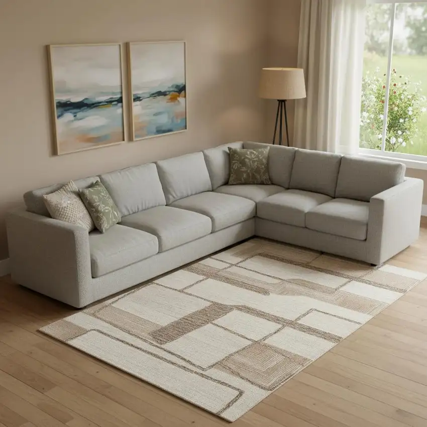 Brown Tan And Ivory Wool Geometric Hand Tufted Area Rug Photo 1