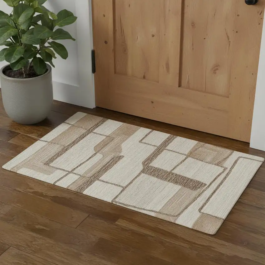 Brown Tan And Ivory Wool Geometric Hand Tufted Area Rug Photo 1