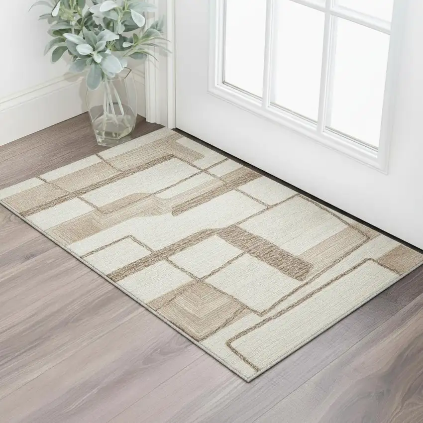 Brown Tan And Ivory Wool Geometric Hand Tufted Area Rug Photo 1