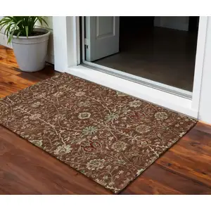 Photo of Brown Tan And Red Floral Washable Indoor Outdoor Area Rug