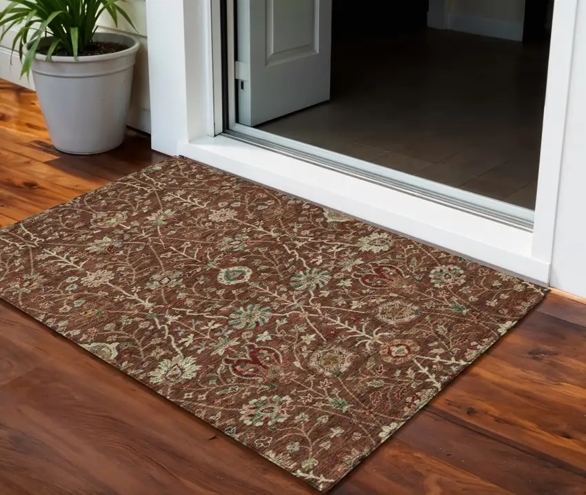 Brown Tan And Red Floral Washable Indoor Outdoor Area Rug Photo 1