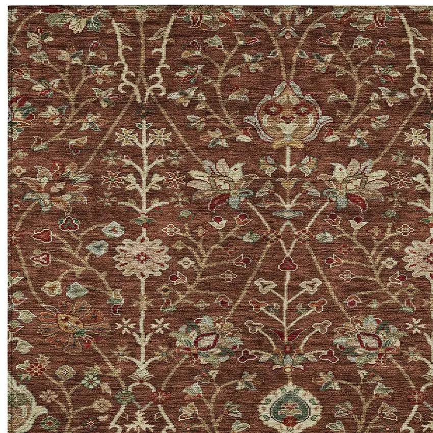 Brown Tan And Red Floral Washable Indoor Outdoor Area Rug Photo 6
