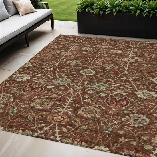 Brown Tan And Red Floral Washable Indoor Outdoor Area Rug Photo 1