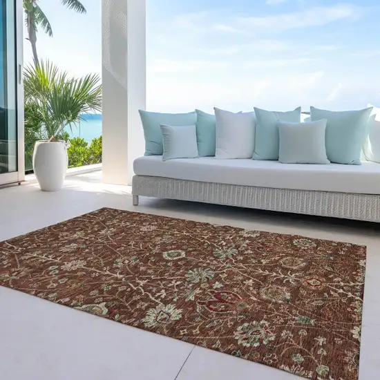Brown Tan And Red Floral Washable Indoor Outdoor Area Rug Photo 8