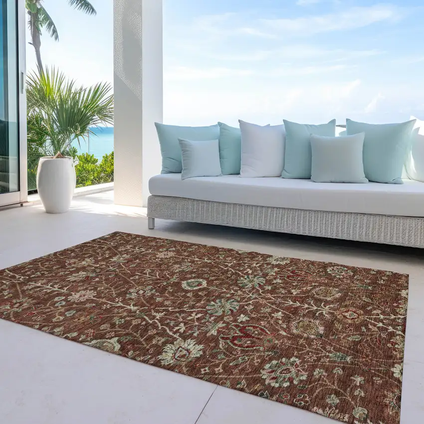 Brown Tan And Red Floral Washable Indoor Outdoor Area Rug Photo 8
