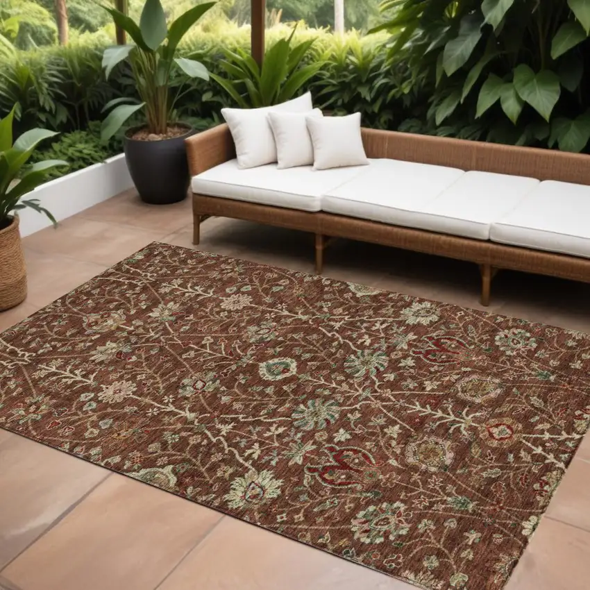 Brown Tan And Red Floral Washable Indoor Outdoor Area Rug Photo 1