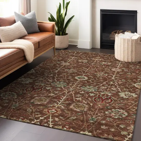 Brown Tan And Red Floral Washable Indoor Outdoor Area Rug Photo 9