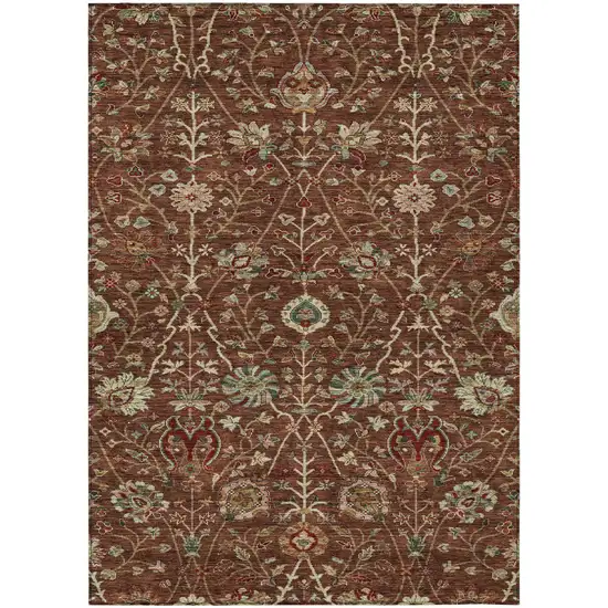 Brown Tan And Red Floral Washable Indoor Outdoor Area Rug Photo 2