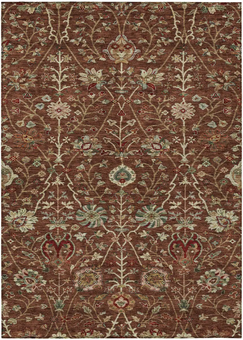 Brown Tan And Red Floral Washable Indoor Outdoor Area Rug Photo 2