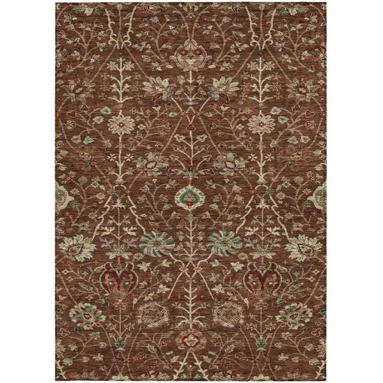 Brown Tan And Red Floral Washable Indoor Outdoor Area Rug Photo 7