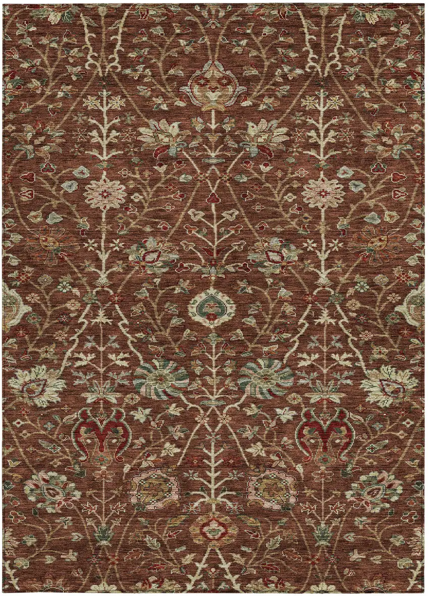 Brown Tan And Red Floral Washable Indoor Outdoor Area Rug Photo 7