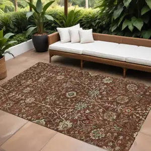 Photo of Brown Tan And Red Floral Washable Indoor Outdoor Area Rug
