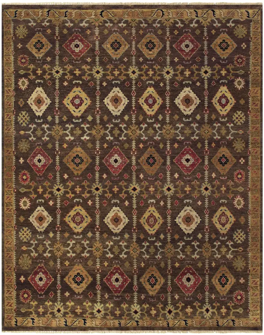 Brown Tan And Red Wool Geometric Hand Knotted Area Rug Photo 2