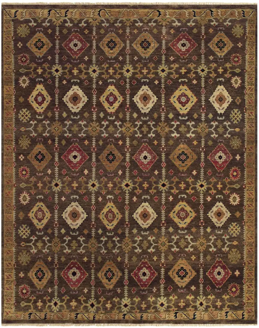 Brown Tan And Red Wool Geometric Hand Knotted Area Rug Photo 4