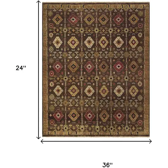 Brown Tan And Red Wool Geometric Hand Knotted Area Rug Photo 5