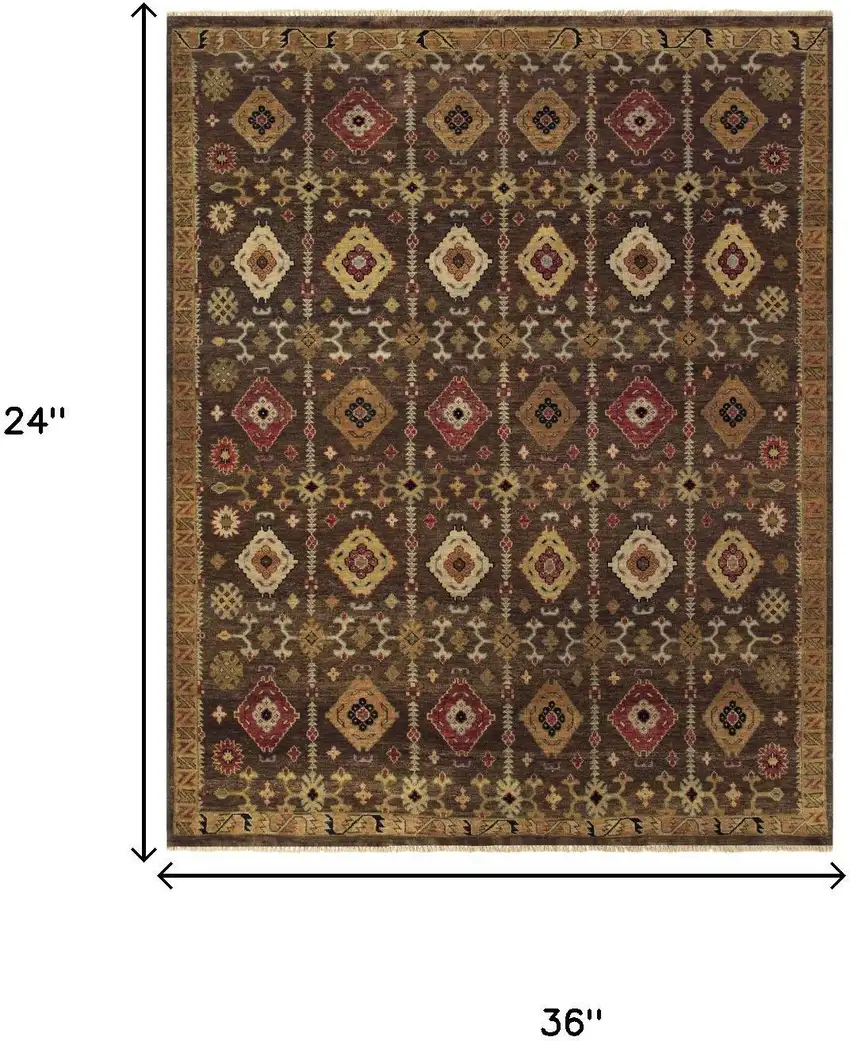 Brown Tan And Red Wool Geometric Hand Knotted Area Rug Photo 5