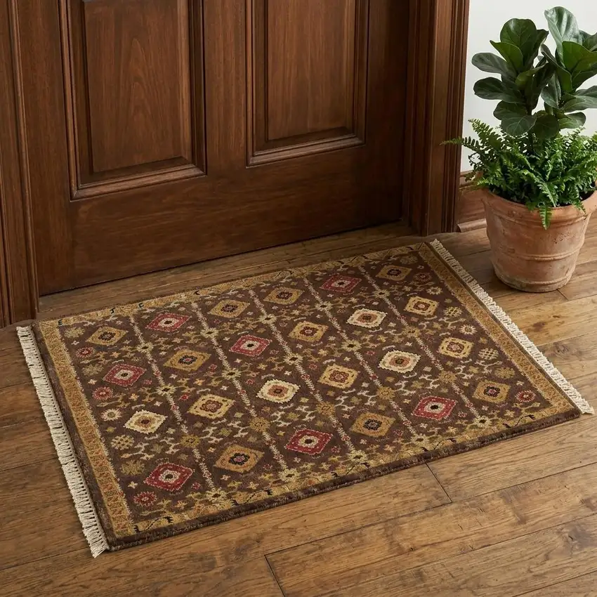 Brown Tan And Red Wool Geometric Hand Knotted Area Rug Photo 1