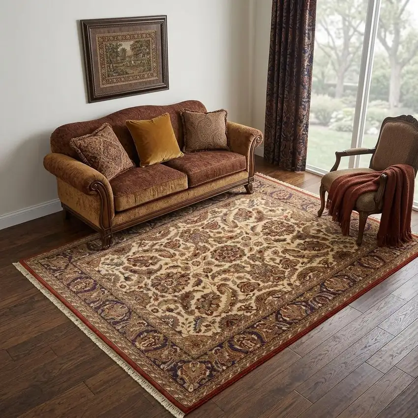 Brown Tan And Red Wool Oriental Hand Knotted Area Rug With Fringe Photo 1