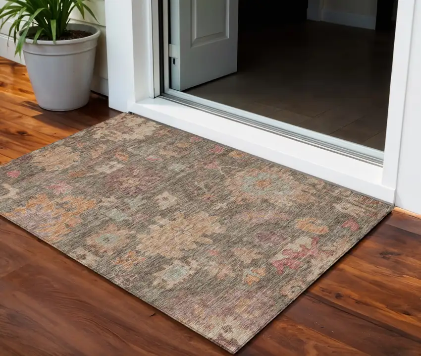 Brown Tan And Terra Cotta Floral Washable Indoor Outdoor Area Rug Photo 1