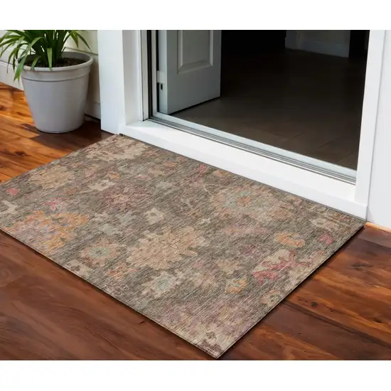 Brown Tan And Terra Cotta Floral Washable Indoor Outdoor Area Rug Photo 1
