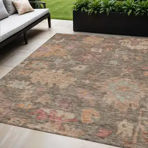 Photo of Brown Tan And Terra Cotta Floral Washable Indoor Outdoor Area Rug