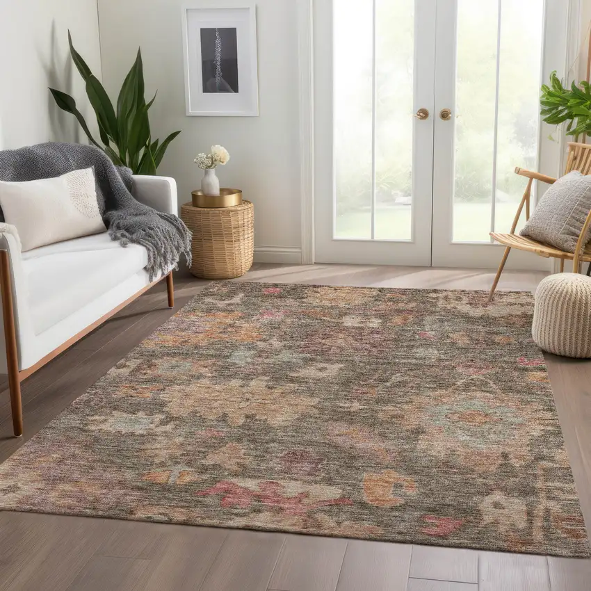 Brown Tan And Terra Cotta Floral Washable Indoor Outdoor Area Rug Photo 9