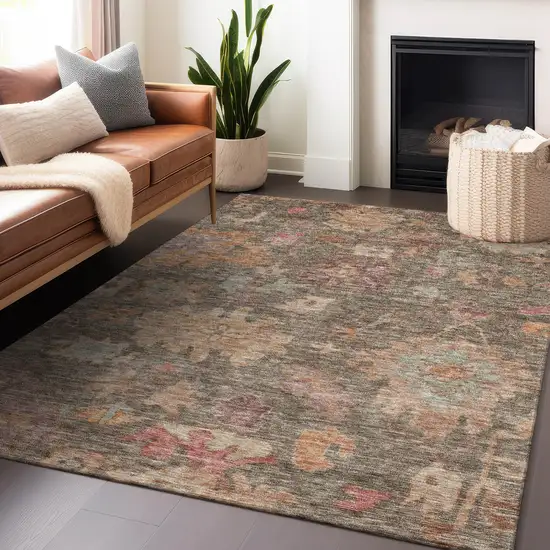 Brown Tan And Terra Cotta Floral Washable Indoor Outdoor Area Rug Photo 8