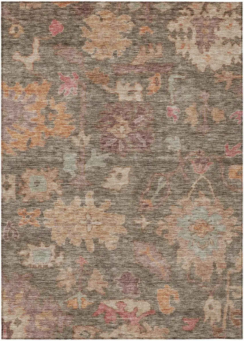 Brown Tan And Terra Cotta Floral Washable Indoor Outdoor Area Rug Photo 2