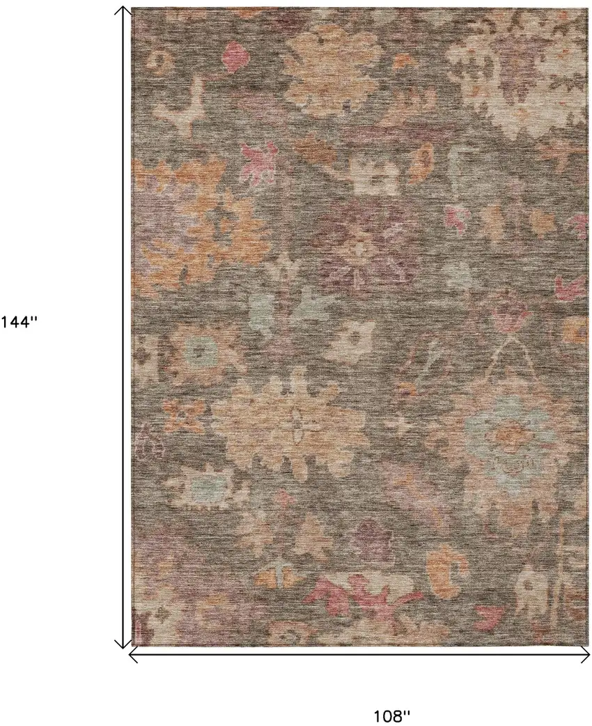 Brown Tan And Terra Cotta Floral Washable Indoor Outdoor Area Rug Photo 7
