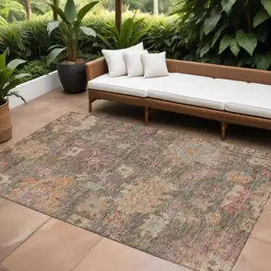 Photo of Brown Tan And Terra Cotta Floral Washable Indoor Outdoor Area Rug
