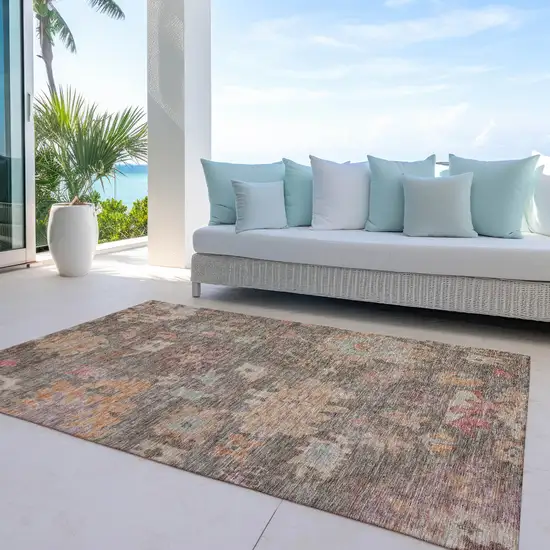 Brown Tan And Terra Cotta Floral Washable Indoor Outdoor Area Rug Photo 7