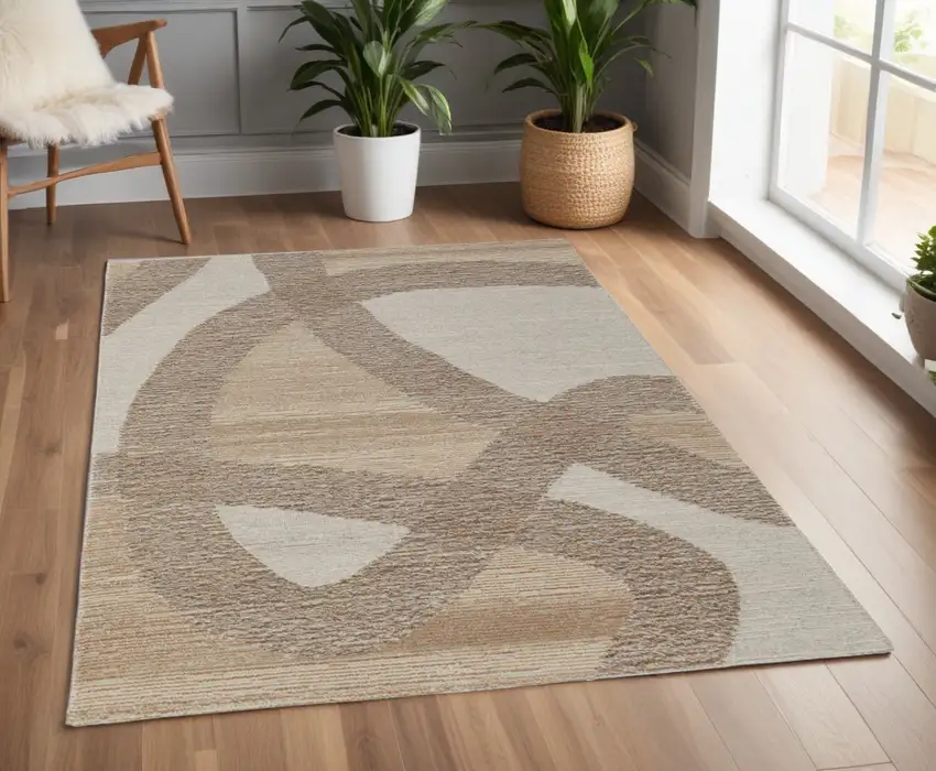 Brown Tan and Ivory Wool Abstract Hand Tufted Area Rug Photo 1
