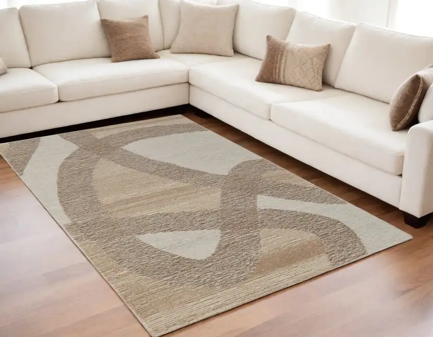 Brown Tan and Ivory Wool Abstract Hand Tufted Area Rug Photo 1