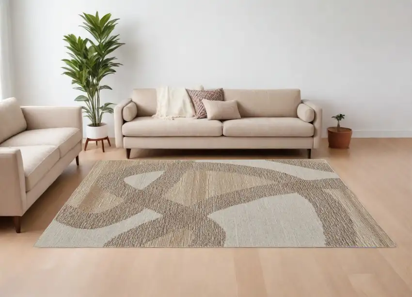 Brown Tan and Ivory Wool Abstract Hand Tufted Area Rug Photo 1
