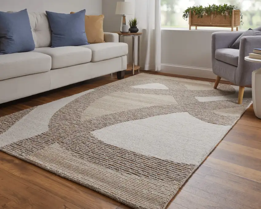 Brown Tan and Ivory Wool Abstract Hand Tufted Area Rug Photo 9
