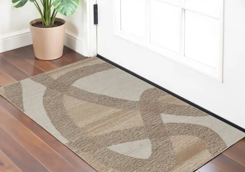 Brown Tan and Ivory Wool Abstract Hand Tufted Area Rug Photo 1