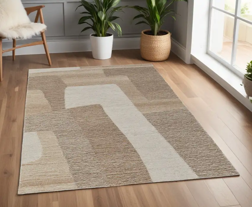 Brown Tan and Ivory Wool Abstract Hand Tufted Area Rug Photo 1