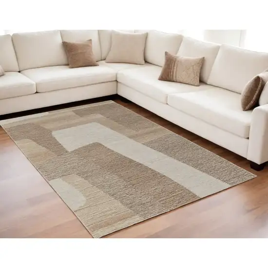 Brown Tan and Ivory Wool Abstract Hand Tufted Area Rug Photo 1