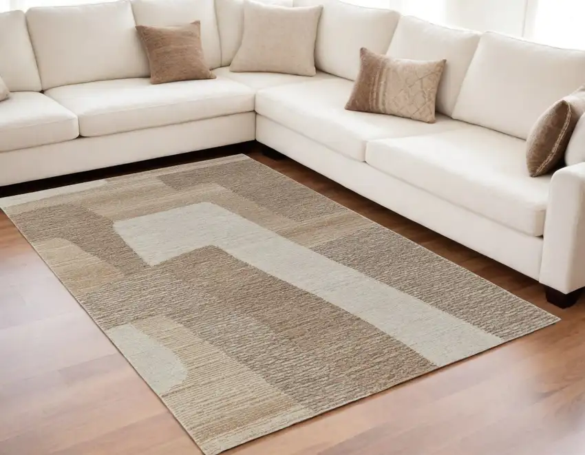 Brown Tan and Ivory Wool Abstract Hand Tufted Area Rug Photo 1