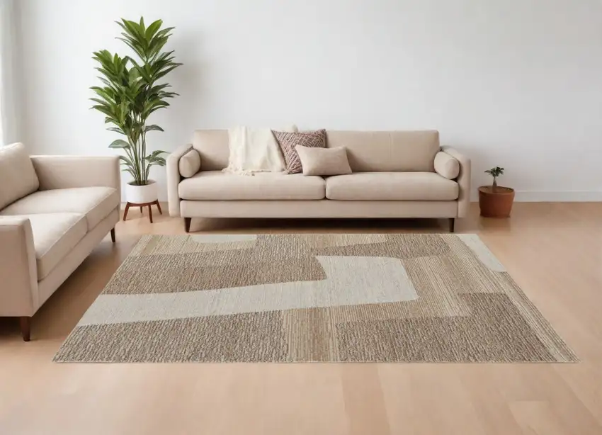 Brown Tan and Ivory Wool Abstract Hand Tufted Area Rug Photo 1