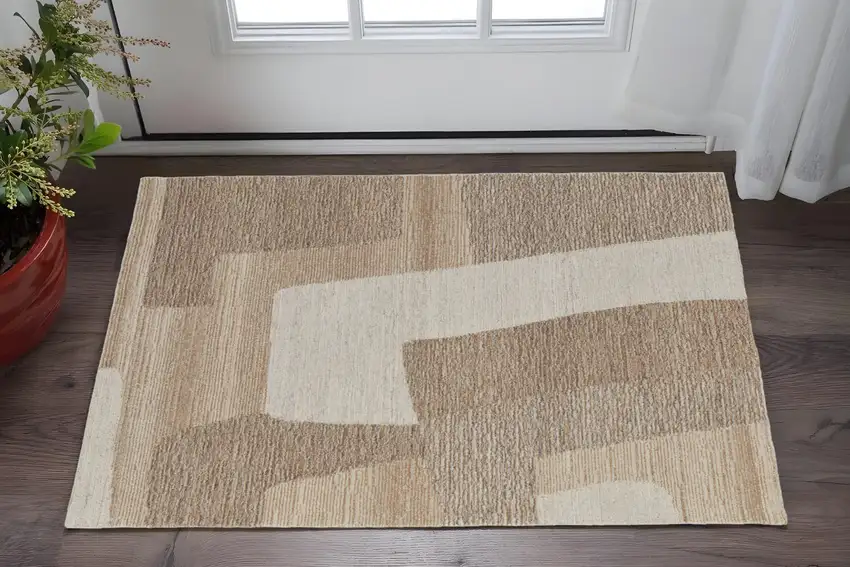Brown Tan and Ivory Wool Abstract Hand Tufted Area Rug Photo 1